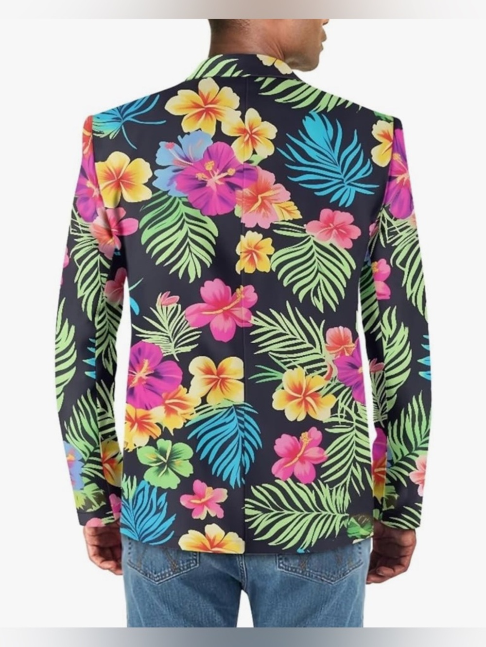 New-Large festival Party Men's Black Tropical Floral Blazer Bold Hibiscus Print - Picture 4 of 5